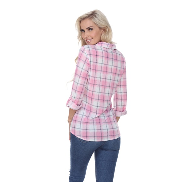 Flannel Plaid Button Shirt Pink & White 17555-03 - Picture 5 of 8